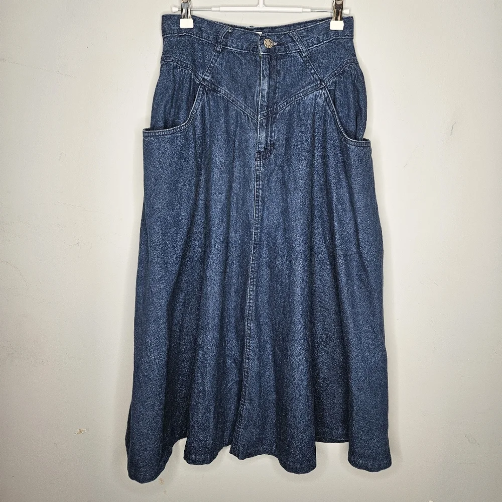 Vintage Calvin Klein Blue Denim Full Skirt High Waist Pockets Sz 6 - Picture 1 of 9